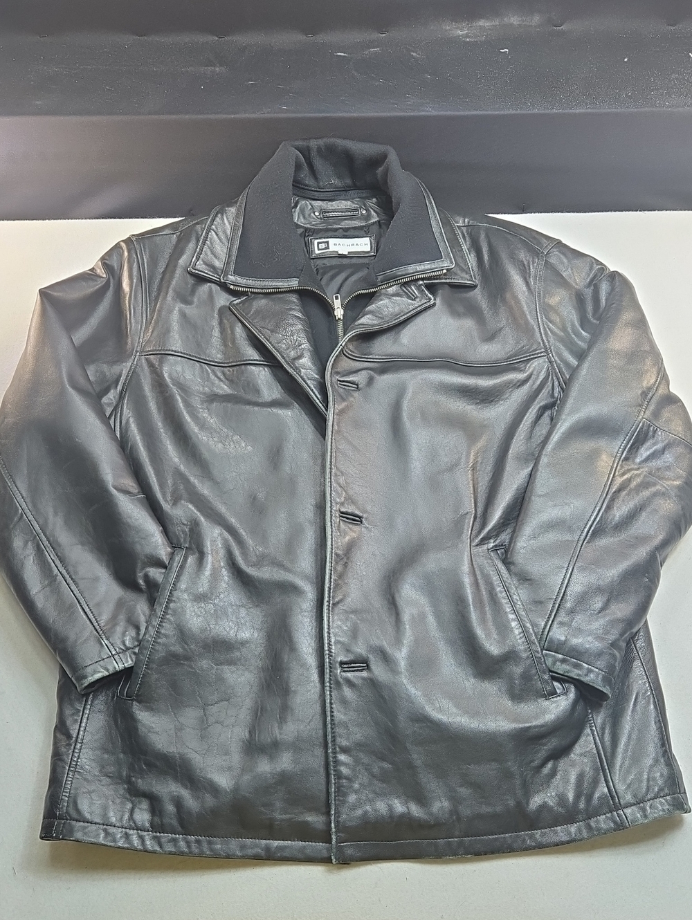 Bachrach Black Leather 3/4 Length Car Coat with Detachable Double Collar